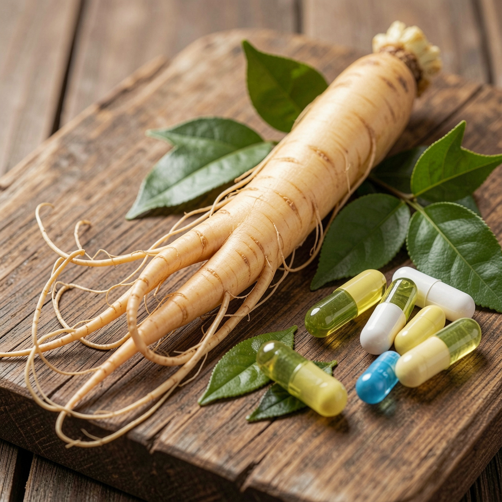 Natural ingredients including ginseng root, green tea leaves, and vitamin capsules
